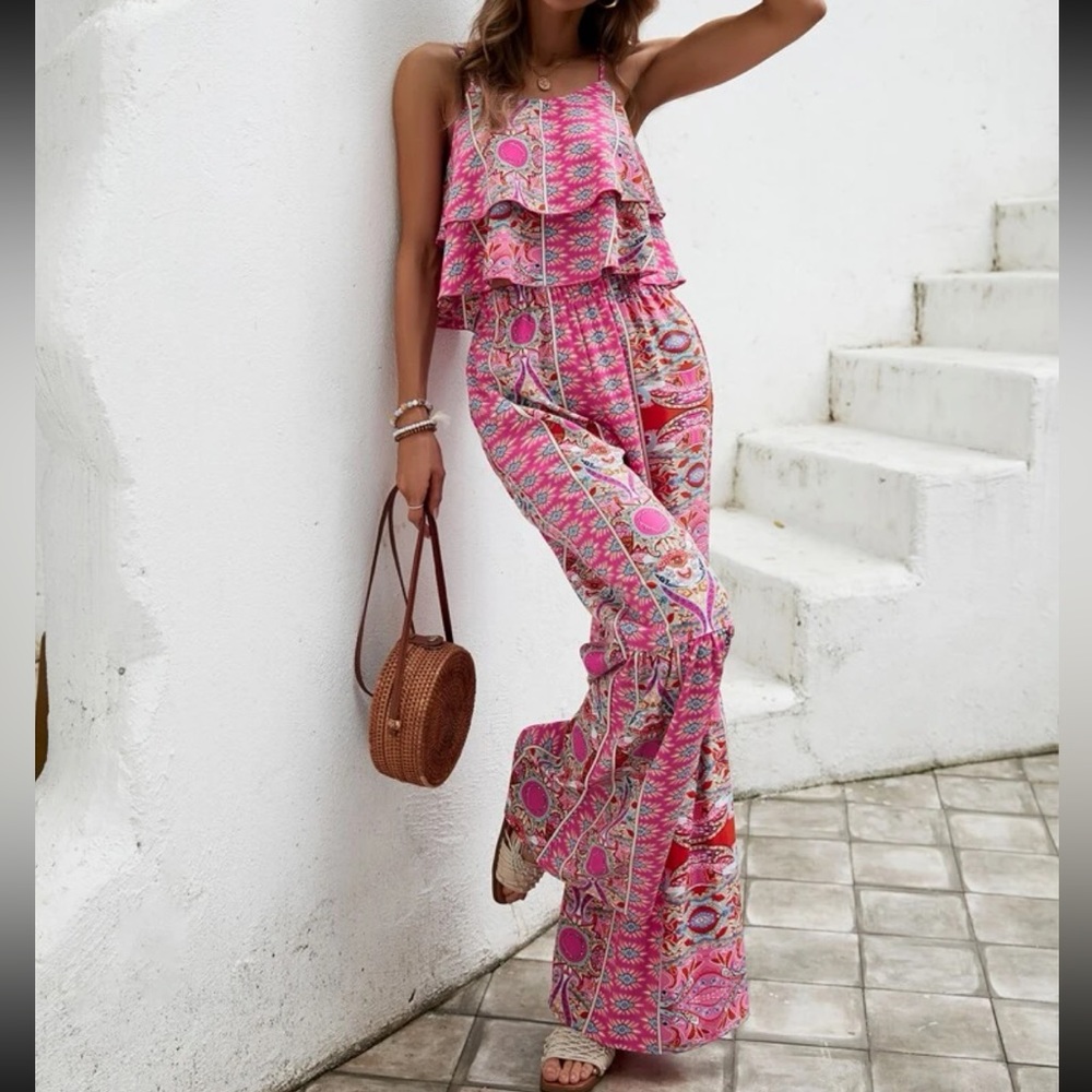 Boho Floral Paisley Ruffle Print Wide Leg Palazzo Pants Crop Cami Top Set Pink - Picture 7 of 9